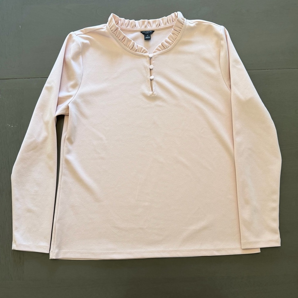 Ann Taylor Blush Pink Ruffle Trim Long Sleeve Top - PETITE - Large EUC
